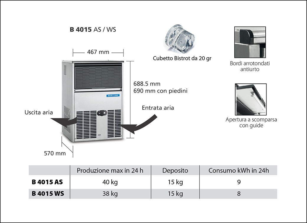 MACHINE À GLACONS SCOTSMAN-BARLINE BH 4015 AS Machine à glaçons Bistrot avec bac de stockage intégré.