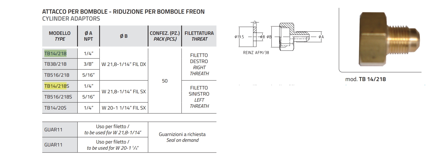 ATTACCO PER BOMBOLE D. SAE 1/4" - TB14/218 + GUAR11 COMPLETO DI GUARNIZIONE 8x19.5xSP.3 AF cod. GUAR11 (riduzioni per bombole freon)
