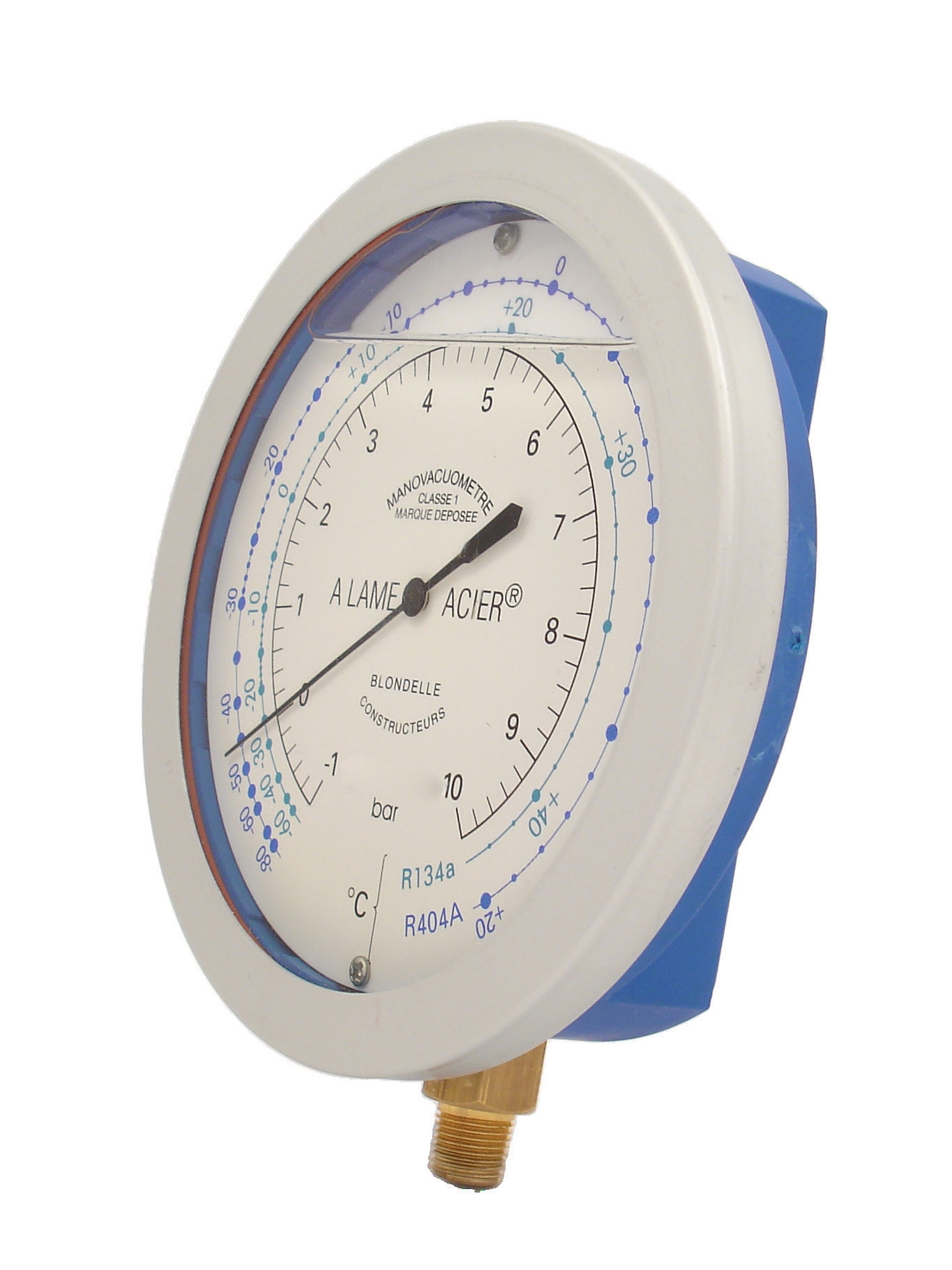 MANOMÈTRE COMPOSITE D. 80, BAIN D'HUILE, SORTIE VERTICALE 1/4" SAE, -1 +10 Bar, -30+140 PSI, R1234yf+R134a+R513A