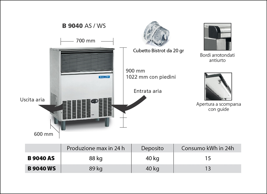 MACHINE À GLACONS SCOTSMAN-BARLINE BH 9040 WS Machine à glaçons Bistrot avec bac de stockage intégré.