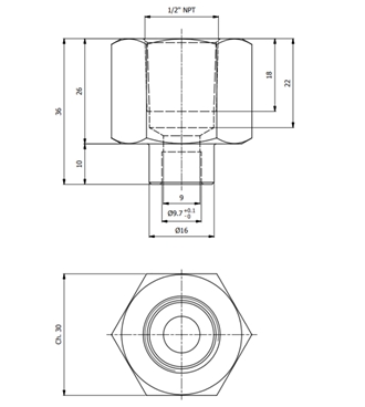 RACCORD FEMELLE 1/2" NPT CH=30 CUIVRE 