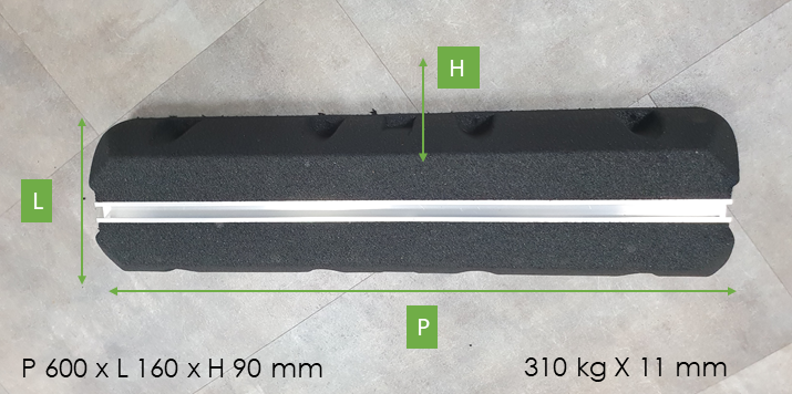 BASE A PAVIMENTO ANTIVIBRANTE L=600 mm P600 x L160 x H90 mm - 470 kg - SCANALATURA 11 mm  (NR. 01 PAIA)