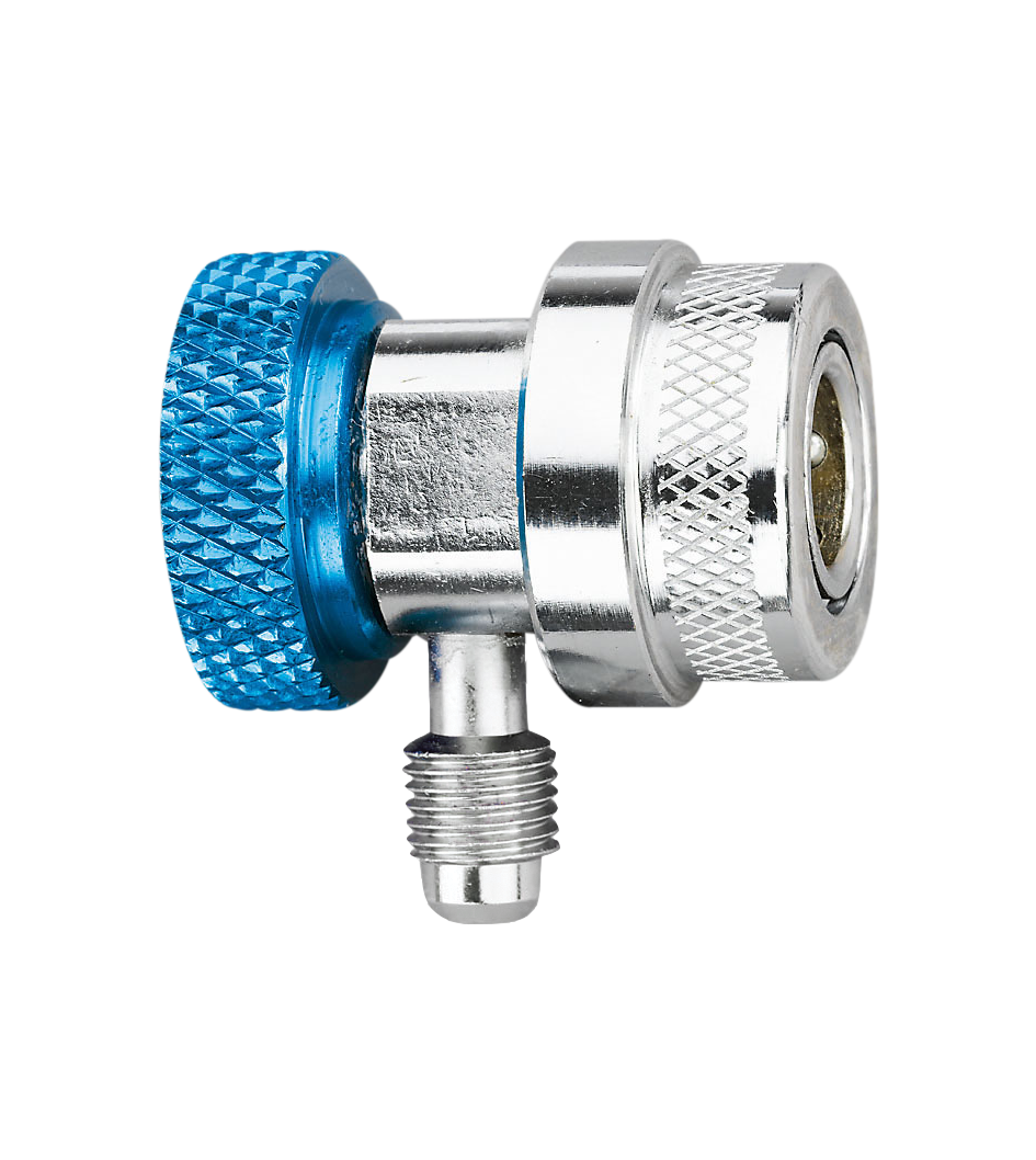 VALVOLA DI SERVIZIO COMPATTA PER R134a RACCORDO 1/4"SAE , 6 SFERE, CROMATI, BLU