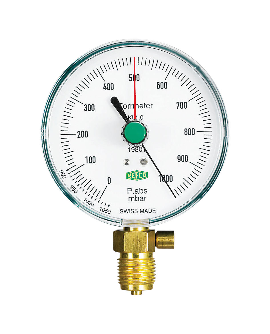 VAKUUMMETER ø 100 mm, 1/2" G  mit Sicherheitsventil Klasse: 1.0, justierbar, Skala: 1'000 - 0 mbar, mit Markie