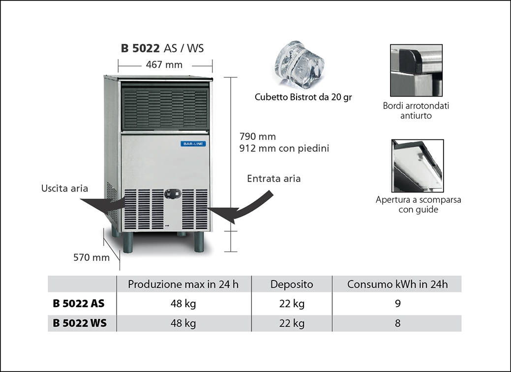 MACHINE À GLACONS SCOTSMAN-BARLINE BH 5022 WS  Machine à glaçons Bistrot avec bac de stockage intégré.