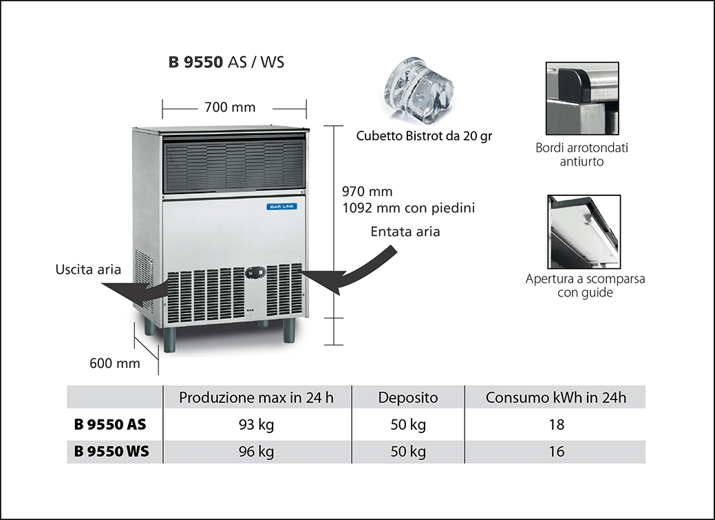 MACHINE À GLACONS SCOTSMAN-BARLINE BH 9550 AS Machine à glaçons Bistrot avec bac de stockage intégré.