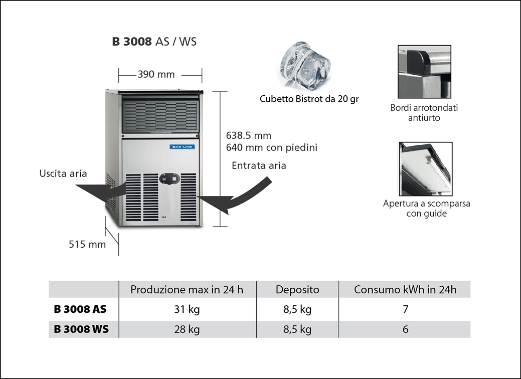 MACHINE À GLACONS SCOTSMAN-BARLINE BH 3008 AS Machine à glaçons Bistrot avec bac de stockage intégré.