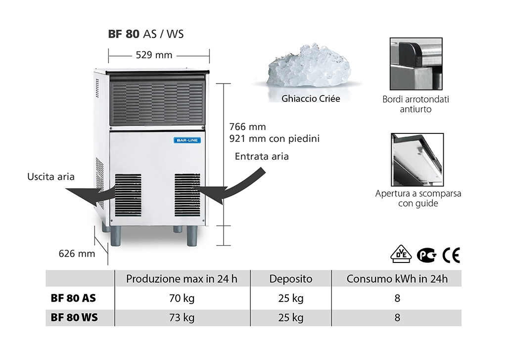 MACHINE À GLACONS SCOTSMAN-BARLINE BFH 80 AS Machine à glaçons Criée avec bac de rangement intégré