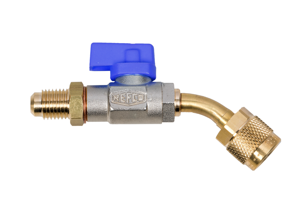 KOMPLETTES VENTIL MIT 1/4" SAE-ANSCHLÜSSEN  FÜR WEIBLICH UND MÄNNLICH, 45° ANSCHLUSS / BLAU.