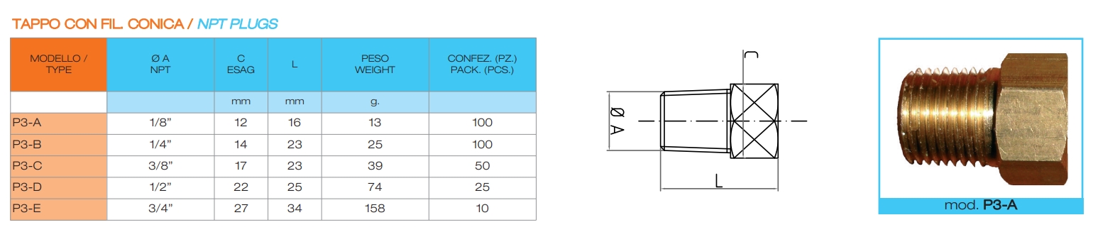 TAPPO CON FIL.CONICA OTTONE  P3-B 1/4" NPT 