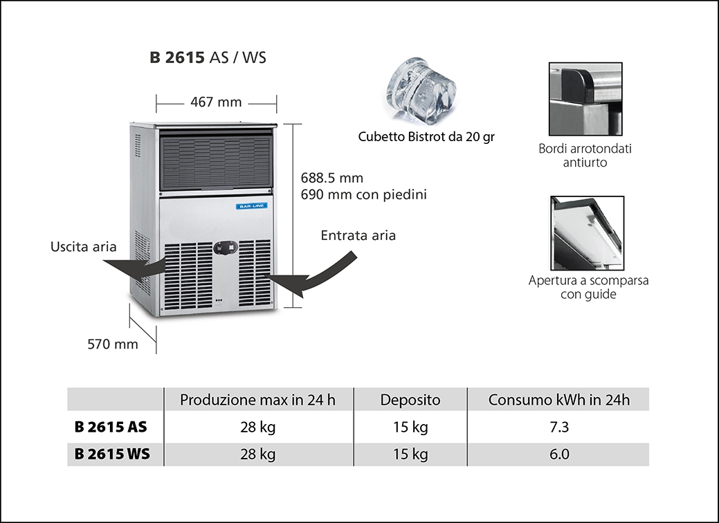 MACHINE À GLACONS SCOTSMAN-BARLINE BH 3015 AS Machine à glaçons Bistrot avec bac de stockage intégré.